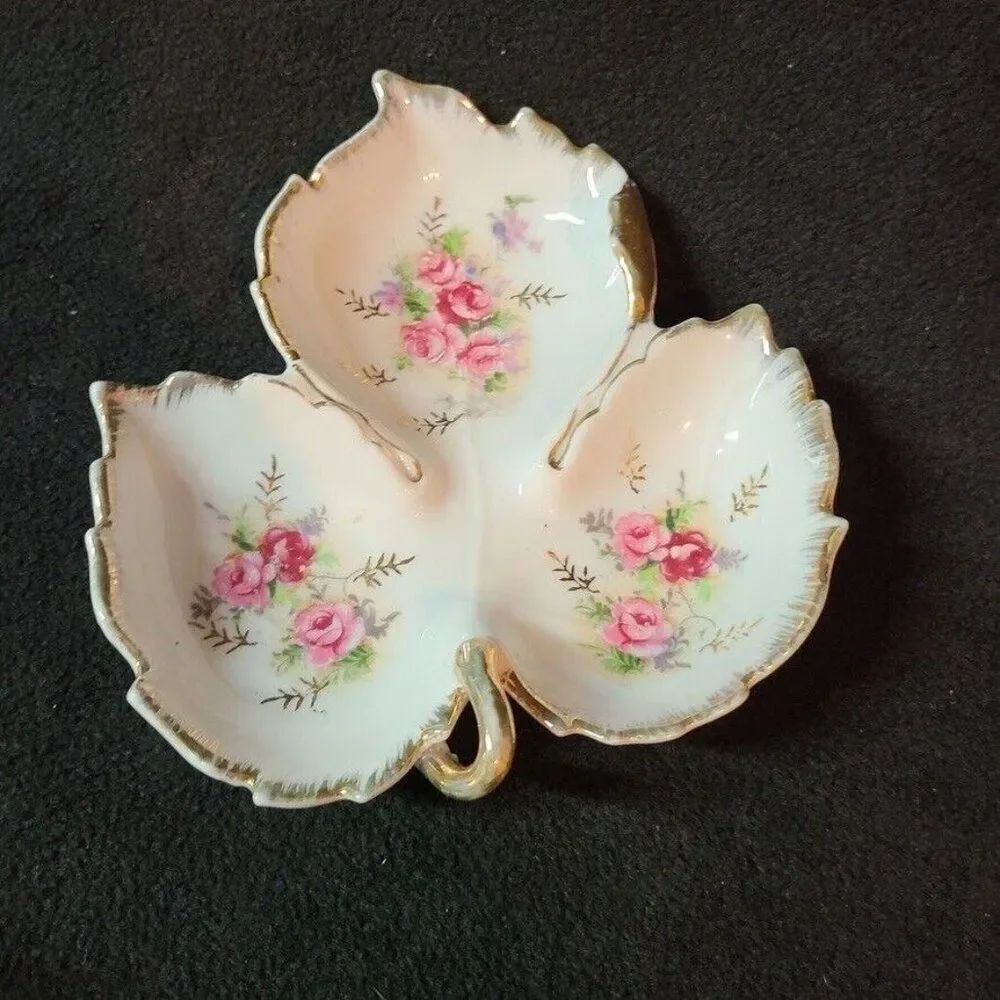 Porcelain Leaf Shaped Trinket Candy Dish Pink Roses Gold Trim Hand Painted Dish